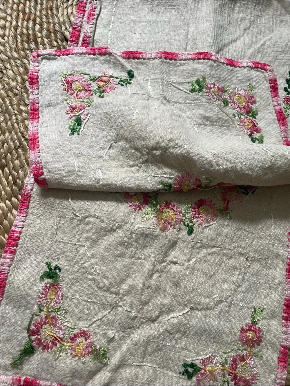 Vintage Embroidered Cotton Table Runner Butterfly Pink White